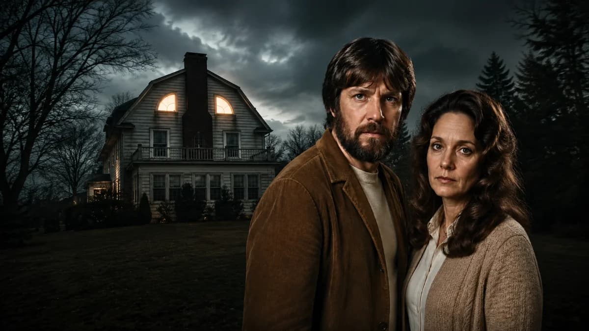 Ed og Lorraine Warren standa fyrir framan húsið við 112 Ocean Avenue í Amityville að næturlagi.
